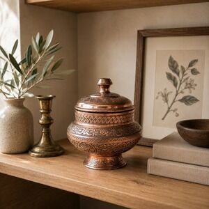 Vintage‎ Engraved Copper Lidded Urn Decorative Vessel Shelf Decor 1970s